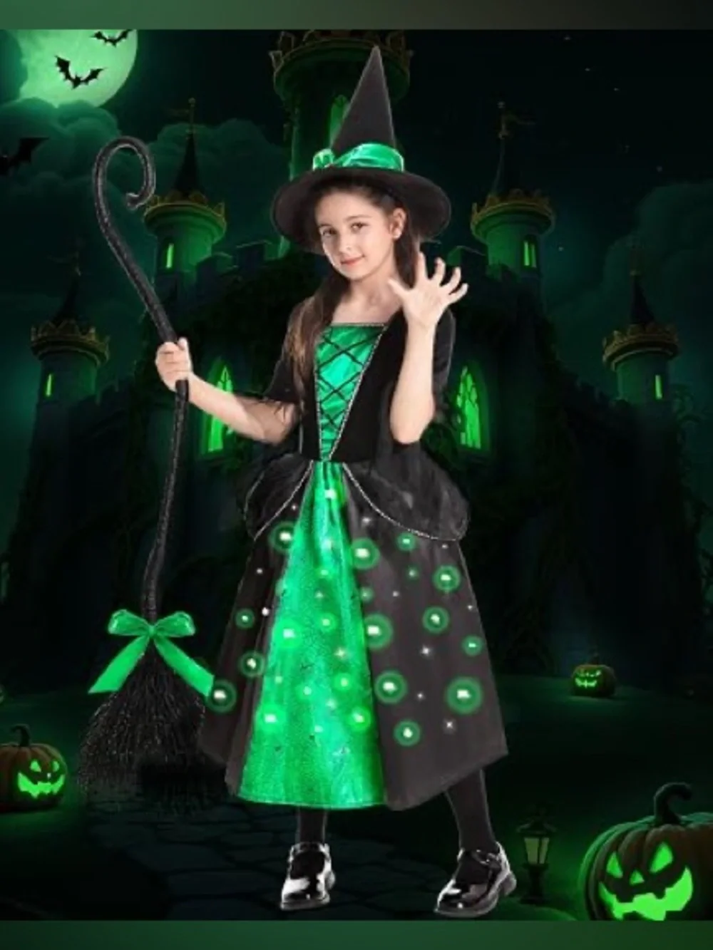 Poshetion Girls Witch Costumes, Light Up Halloween Witch Dress with Witch Broom